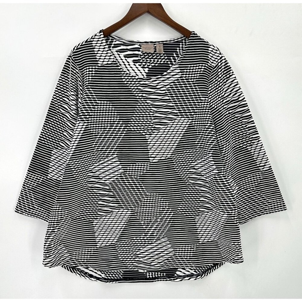 Easywear By Chicos Top Womens 3/4 Sleeve Textured Tunic Round Neck Black White L